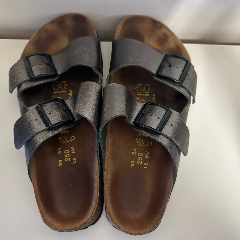 Gray Leather Buckle Sandals